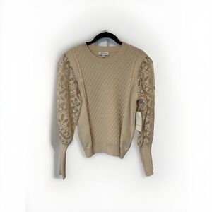 Calligraphie Diamond Cable Knit Sweater Womens L Beige Lace Puff Sleeve